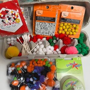 Crafting lot! Candle jar lids for bling, holiday pompons, beads, Perler beads